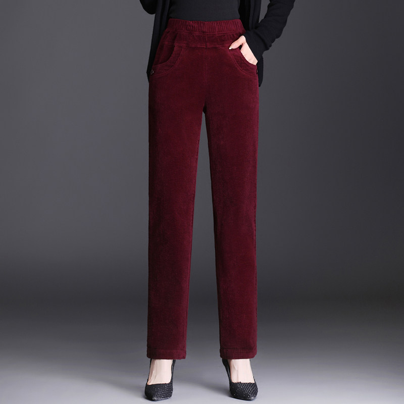 2025秋冬高腰休闲裤灯芯绒女士纯棉松紧腰直筒裤小个子妈妈裤减龄 - 众爱之美服饰专营店出品