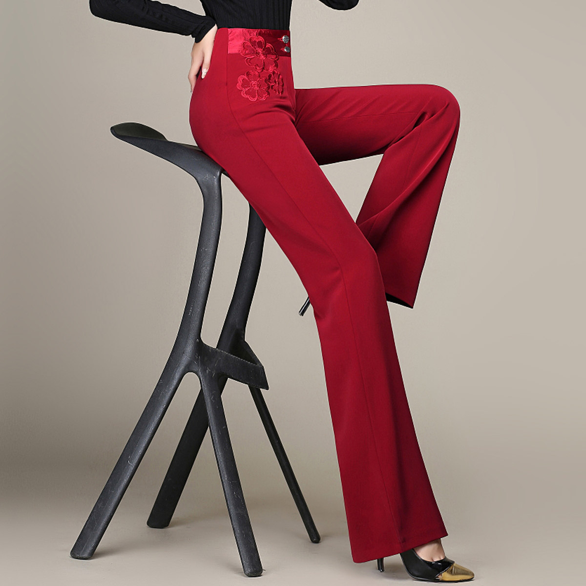 春秋夏新款刺绣女士甩裤长裤高腰微喇叭直筒裤垂感休闲裤加长 - 众爱之美服饰专营店出品