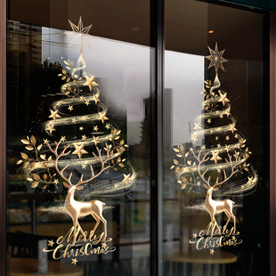 圣诞树装 扮 饰门贴氛围场景布置橱窗静电玻璃贴纸圣诞节窗花贴画装