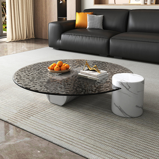 意式极简约现代水波纹圆形茶几钢化玻璃大理石轻奢定制高颜值客厅
