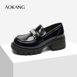 女2024秋季 复古英伦风黑色厚底增高小皮鞋 新款 单鞋 女鞋 奥康乐福鞋