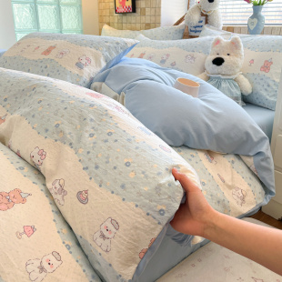 可爱卡通木棉双层纱四件套儿童床单人被套学生宿舍床品三件套床笠