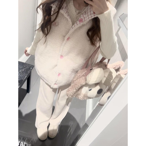 韩系羊羔毛双面穿马甲女学院风小个子穿搭无袖叠穿加厚棉服外套冬
