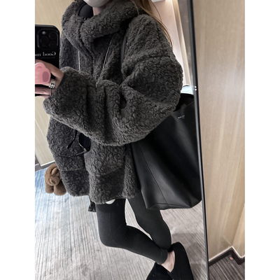 慵懒宽松加厚羊羔毛连帽卫衣外套