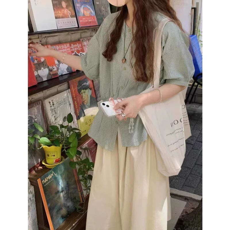 小个子休闲绿色格子衬衫套装