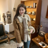 2025新款 拼接毛毛上衣棉服 美拉德复古棕色韩系外套女秋冬加厚短款