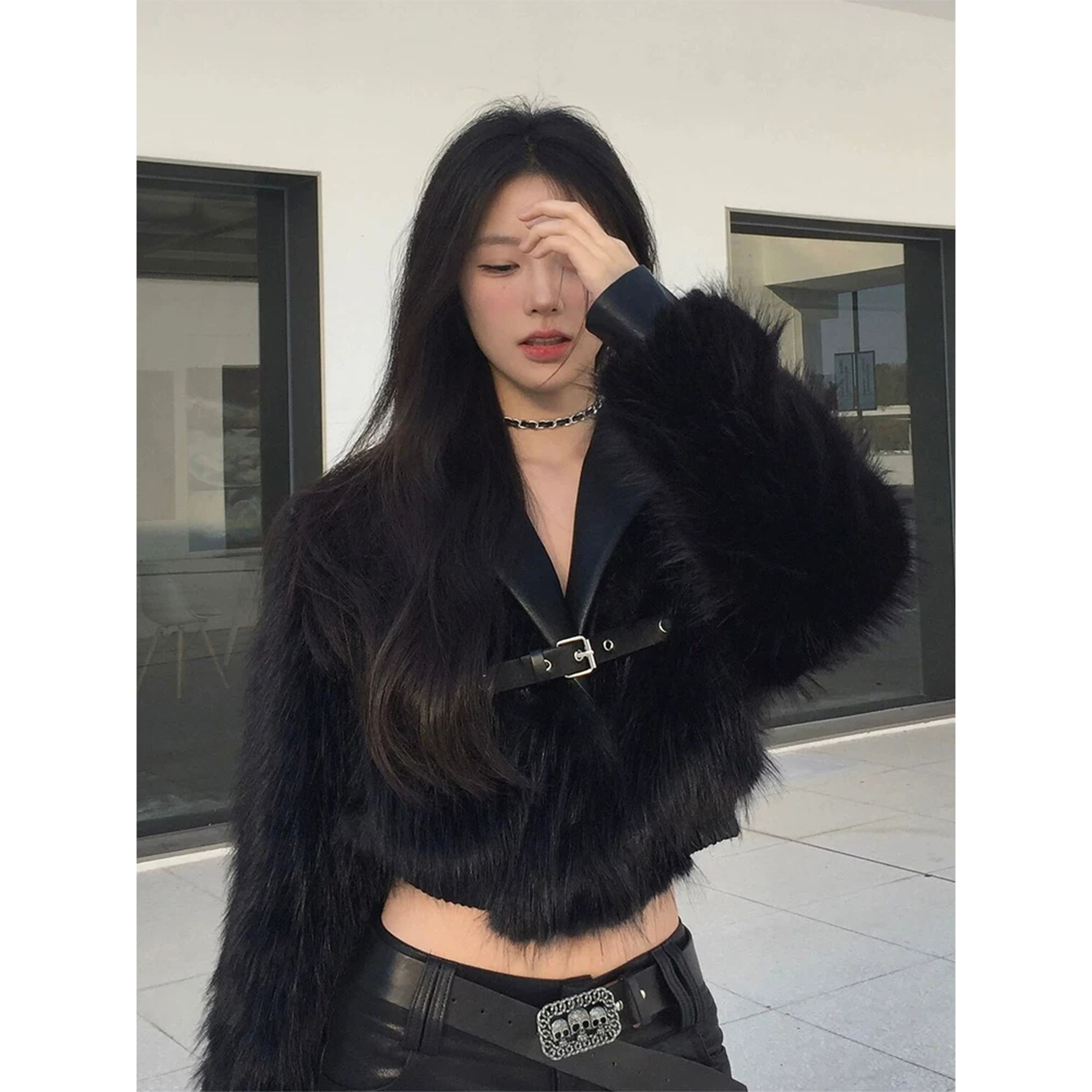 高级环保狐狸毛皮草外套女冬短款时尚拼接黑色西装领保暖毛毛上衣