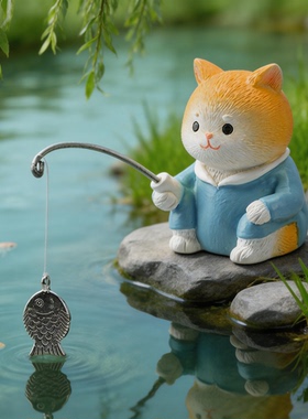 可爱小猫钓鱼造景摆件鱼缸鱼池装饰微景观庭院造景创意小动物摆件