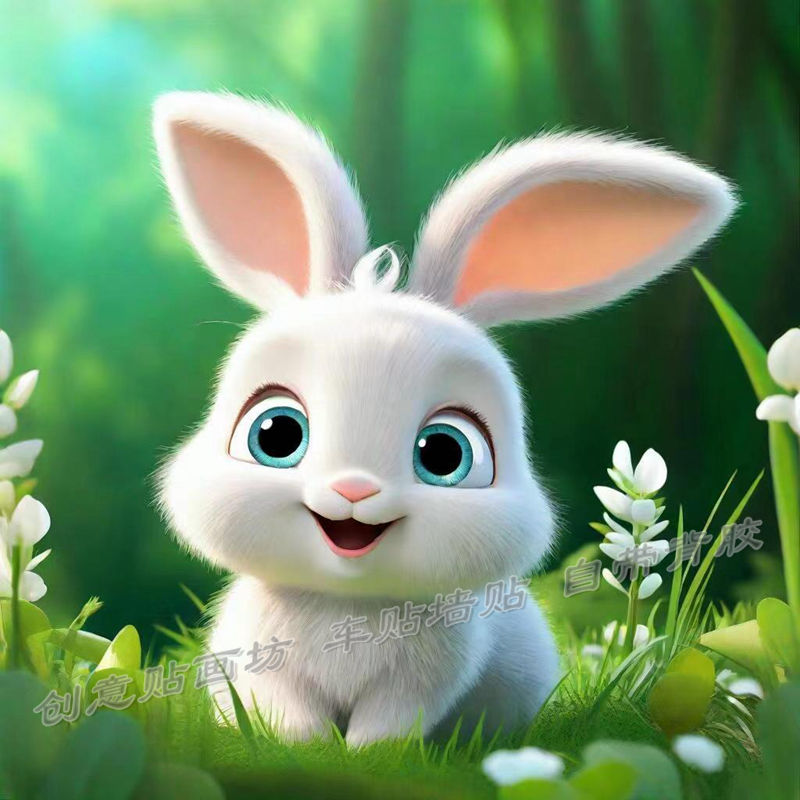 新款可爱小白兔贴画自粘客厅卧室房间墙贴厕所卫生间不干胶贴纸