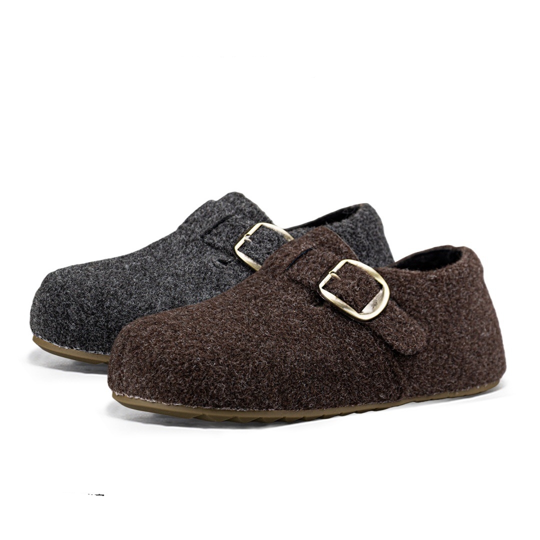 灰色毛呢厚底勃肯鞋子女2025新款冬季小个子内增高单鞋懒人休闲鞋