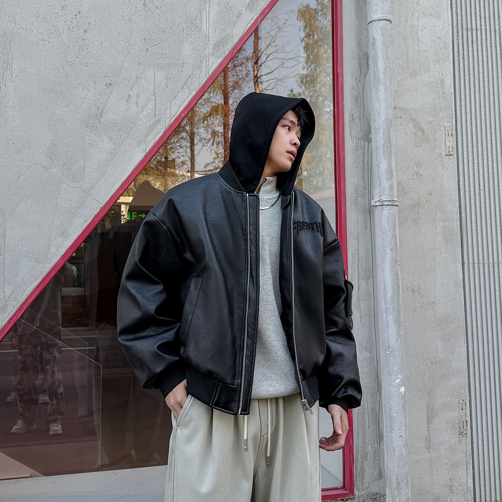 美式潮牌拼接连帽PU皮面羽绒服男女冬季国潮字母痞帅宽松保暖外套