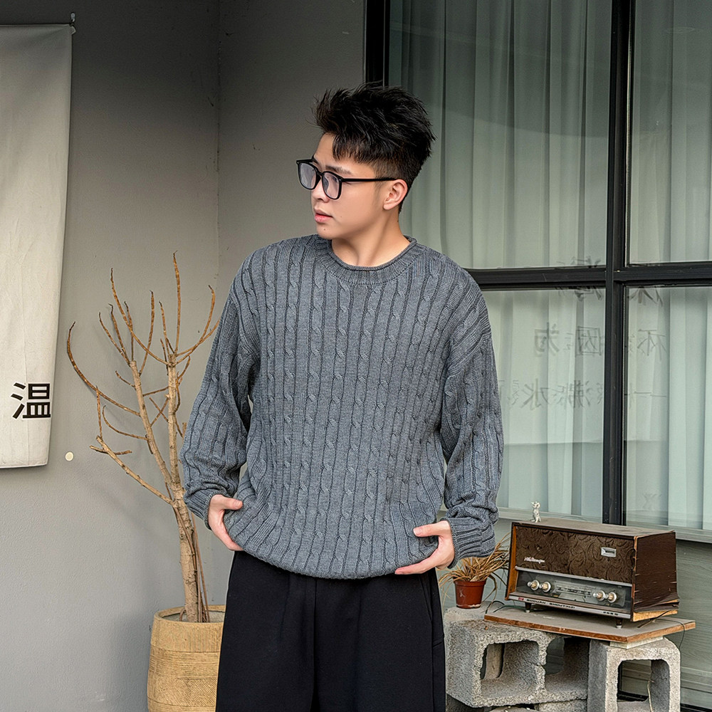美式圆领毛衣男女秋冬季潮流粗麻花松弛感套头线衣保暖宽松针织衫