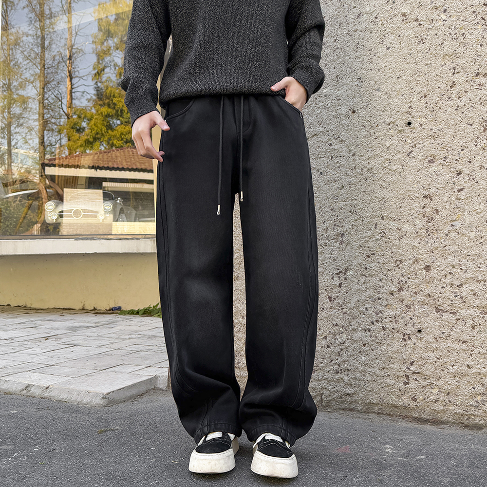 美式磨白水洗做旧休闲裤男秋冬加厚高街宽松直筒裤百搭明线长裤子