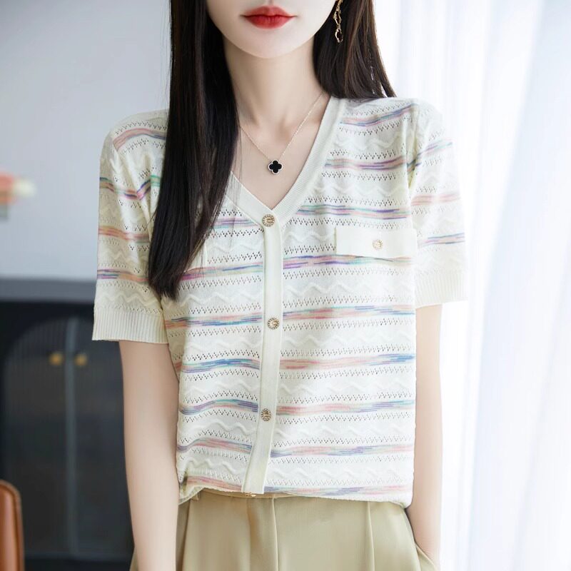 夏季彩色条纹冰丝短袖女镂空宽松撞色t恤衫凉感透气上衣体恤半袖