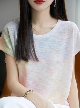 印花冰麻针织短袖T恤女薄透气