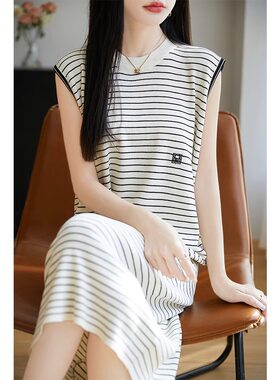 夏季新款法式黑白色条纹长裙圆领