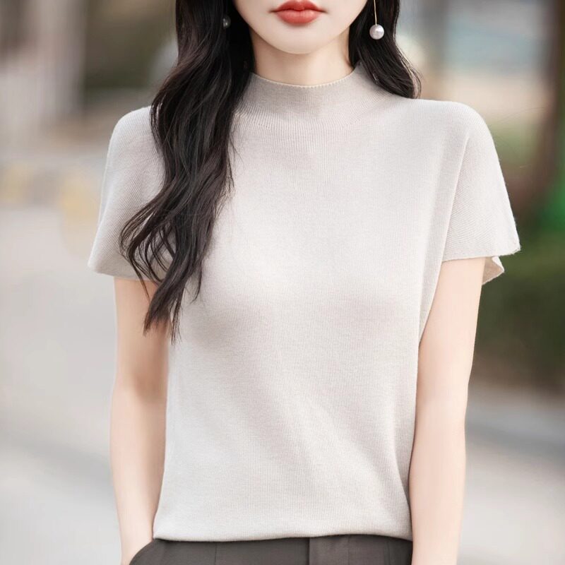 春夏半高领精仿羊毛针织短袖T恤女宽松显瘦无袖蝙蝠袖薄款打底衫