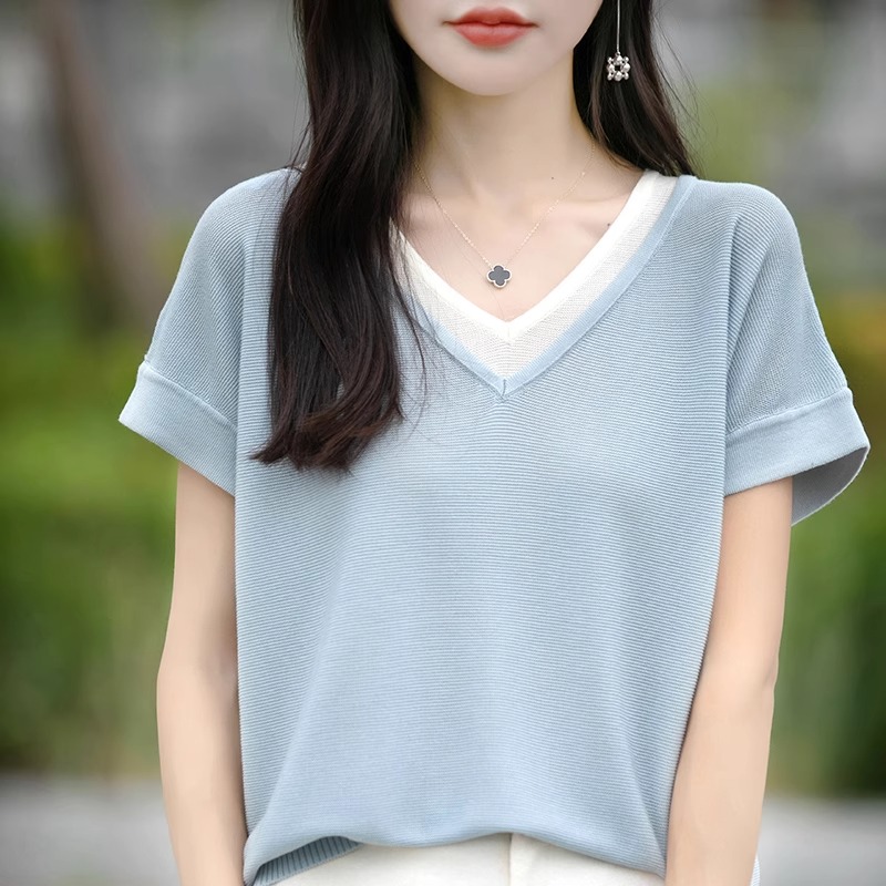 夏季新款薄款天丝针织短袖V领拼色宽松T恤女时尚百搭气质显瘦上衣