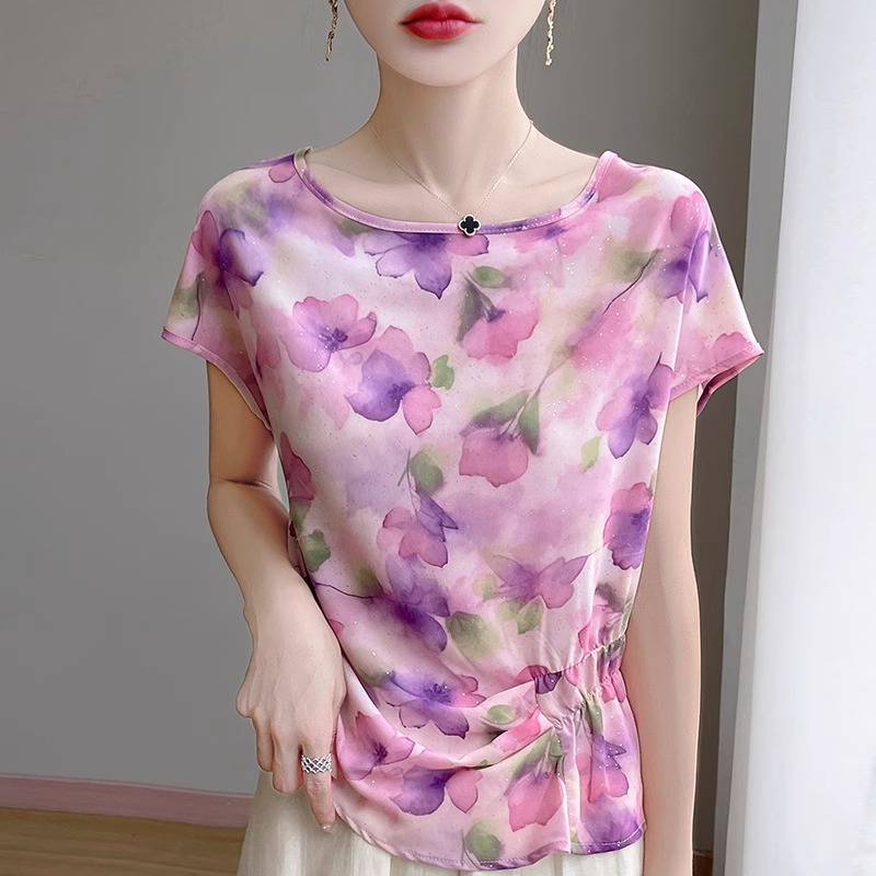 专柜品质~印花方领短袖T恤女夏季新款修身显瘦气质减龄小衫上衣