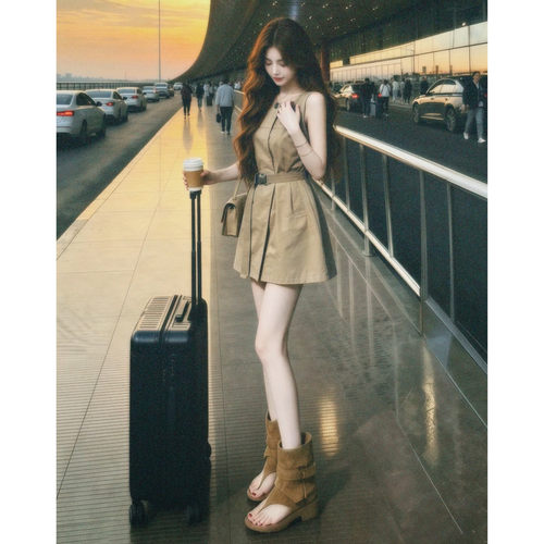 法式复古卡其色吊带裙女