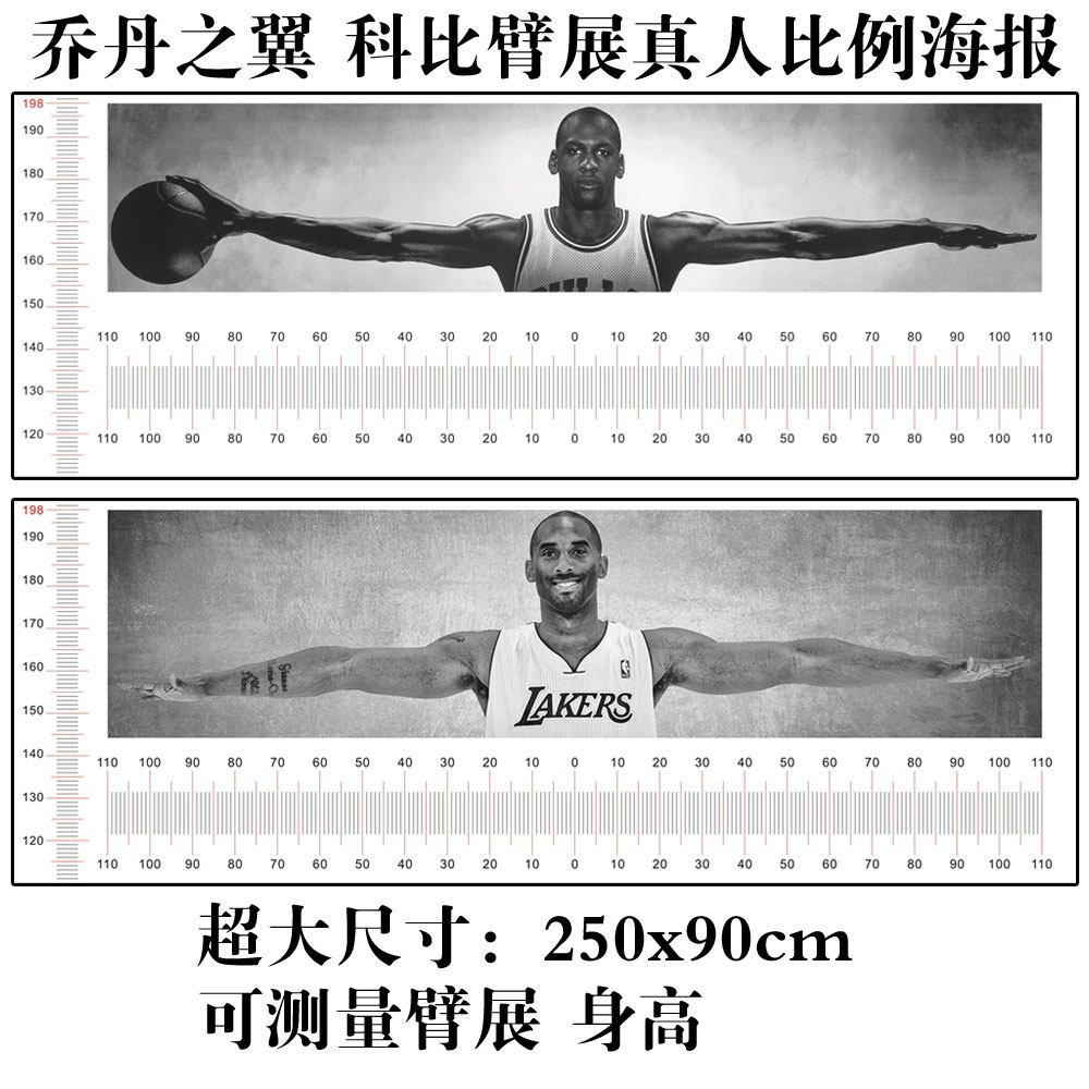 乔丹之翼真人比例展臂大海报定制科比杜兰特刻度标尺测量展臂贴画