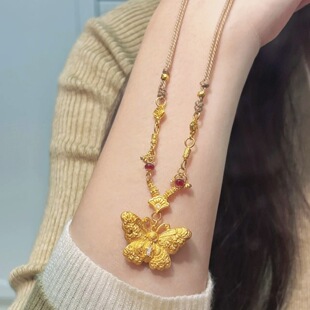 2025女款孟庆国大师同款古法錾刻蝴蝶吊坠福蝶迭至项链福禄毛衣链
