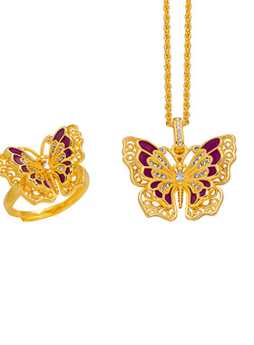 2025款仙镜蝴蝶吊坠黄金色花丝烤蓝珐琅彩莫桑石点钻蝴蝶戒指项链