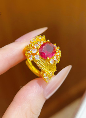 沙金镶钻红宝花朵羽毛戒指黄金色拉丝立体轻奢宫廷风可调节女指环