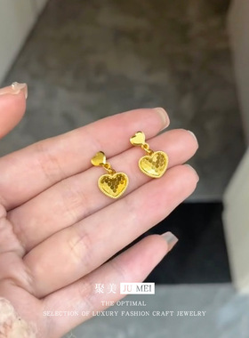 2026款女式黄金色沙金龙鳞双爱心桃耳钉心形气质耳饰时尚百搭耳环