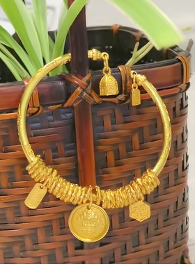 沙金錾刻吉言黄财神福牌平安喜乐盘缠开口手镯新中式招财手串