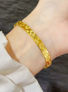 金店同款女款沙金樱花纹碎碎冰手镯子黄金色爆闪亮片素圈实心手环
