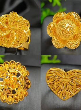 女士黄金色沙金麦穗食指戒指不掉色中东迪拜铜气质时尚简约指环女