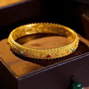 2025金店同款古法传承珐琅彩钻镂空沙金手镯仿黄金色简约百搭手环