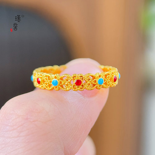 女款沙金花丝珐琅戒指黄金色镂空轻奢百搭时尚精致指环送女友老婆