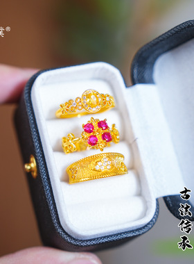 沙金拉丝镶钻葫芦鸢尾花鸽子蛋戒指女士时尚新中式轻奢黄金色指环