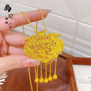 黄金色沙金diy配件镂空花丝镶嵌天子门生龙凤流苏锁包项链吊坠