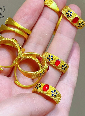 2025新款宫廷凤华玲珑戒指沙金首饰开口可调节高级感铜镀金女指环