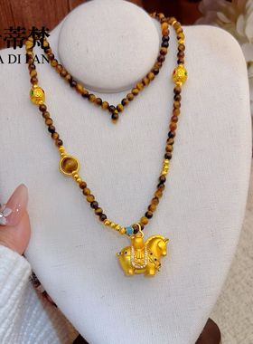 爆款黄金色沙金马上有钱唐马项链男女士招财虎眼石马到成功毛衣链