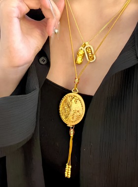 2025金店同款沙金镂空花丝金凤香囊吊坠女款凤凰于飞圆牌流苏项链