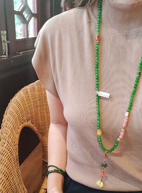名媛中国风天然绿玛瑙玉髓长款衣链女款碧玉新中式轻奢高级感项链