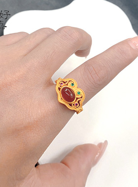 2025黄金色沙金花丝红玉髓戒指开口可调指环女复古宫廷风轻奢手饰