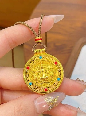 黄金色沙金珐琅彩独角貔貅吊坠女士时尚花丝吉祥八宝罗盘国风项链