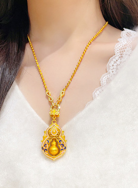 2025款沙金点钻青花瓷四美葫芦项链女士时尚拉丝福禄可转动毛衣链