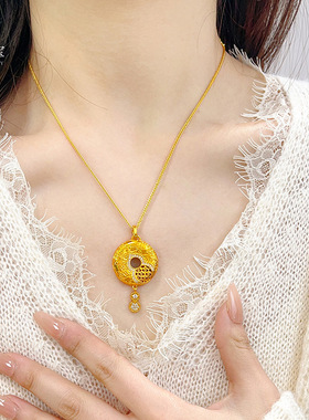 黄金色沙金国韵传承点钻平安扣福禄吊坠女项链镂空葫芦挂坠送女友