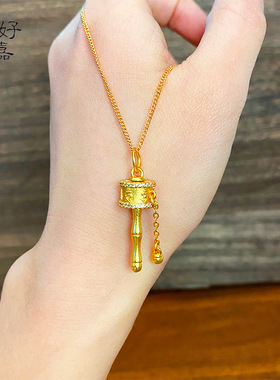 2025新款沙金中式镶钻拨浪鼓项链六字真言铃铛高级感复古毛衣链女