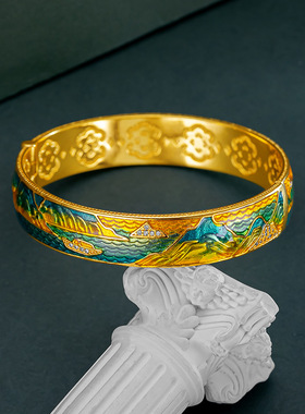 2025时尚国风精美卡扣千里江山手镯金店同款复古宫廷气质鎏金手环