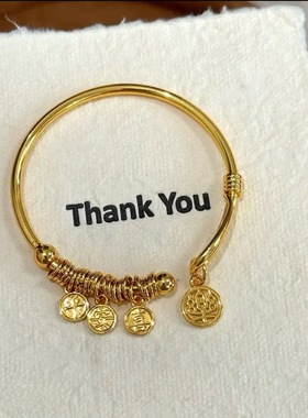 2025款手环金店同款铜镀沙金女士平安喜乐盘缠开口手镯女亮面镯子