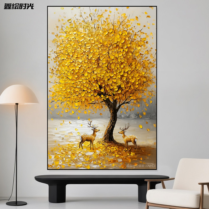 摇钱树手绘油画客厅福鹿装饰画玄关过道金色发财树肌理挂画定制