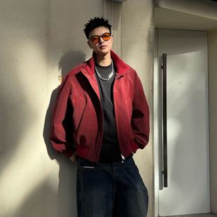 阿叔潮牌美式 复古PU皮立领夹克男春秋情侣百搭宽松休闲短板外套