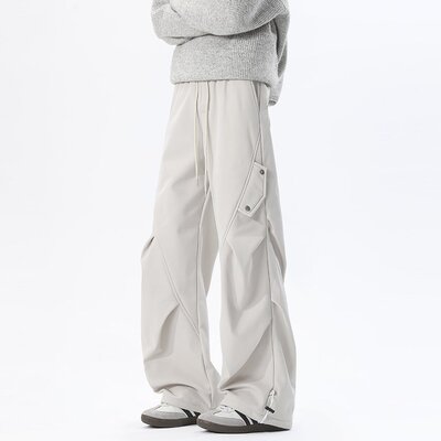 冬季纯色褶皱拼接直筒宽松休闲裤
